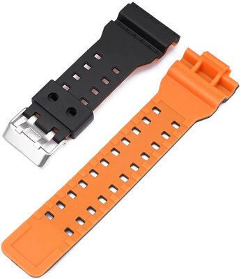 Polsbandje voor Casio G-Shock, kunststof, oranje-zwart, zilverkleurige gesp (voor modellen GA-100, GA-110, GD-120, GLS-100)