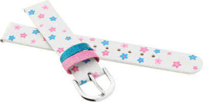 Kinderleren bandje 14mm, wit, zilveren gesp (met bloemmotief)