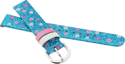 Kinderleren riem 14mm, blauw, zilveren gesp (met bloemmotief)