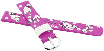Kinderleren bandje 14mm, roze, zilveren gesp (met kattenmotief)