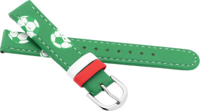 Kinderleren band 14 mm, groen, zilveren gesp (met voetbalmotief)