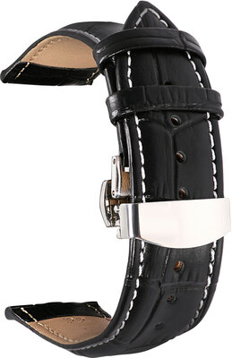 Zwart leren band Ricardo Cortona met witte stiksels, vlindersluiting