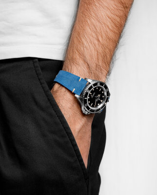 Leren horlogeband Hirsch Serro L 05564080-2, blauw, suède leer, Limited Edition, lengte L, Quick Release